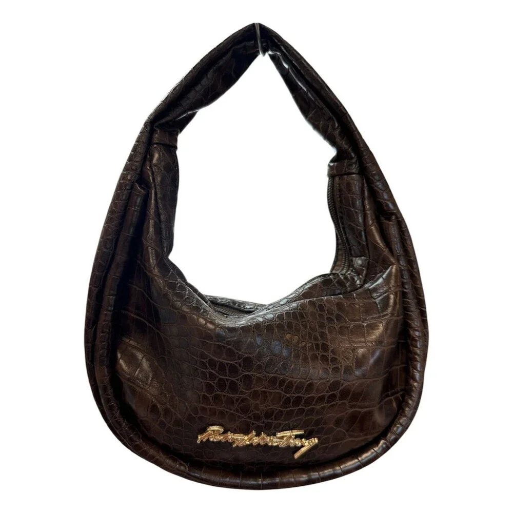 PrettyLittleThing Brown Faux Croc Embossed Hobo Shoulder Bag Y2K Slouchy Purse